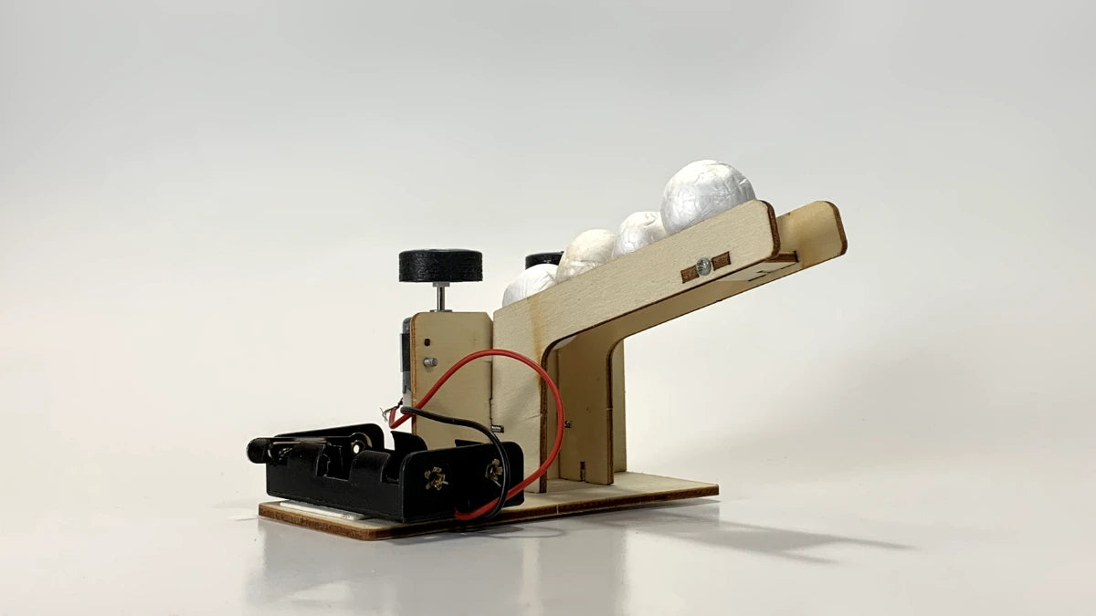 STEM Ball Pitching Machine Kit - Fully Assembled Wooden Model with Battery Pack and Launch Mechanism for Hands-On Learning