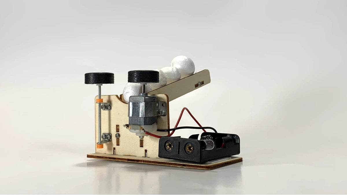 Back View of STEM Ball Pitching Machine Kit – Motorized Wooden Model with Battery Pack and Wiring for Educational DIY Project