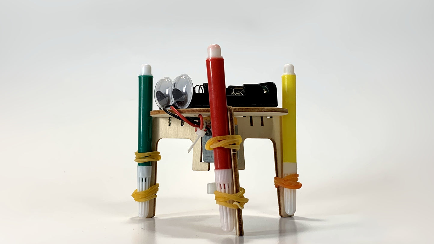 Angled Side View of Graffiti Robot STEM Kit – Motorized Drawing Robot with Red, Green, and Yellow Markers