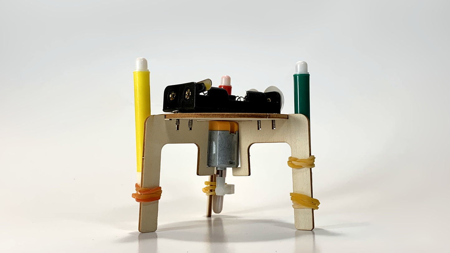 Bottom Rear View of Graffiti Robot STEM Kit – Motorized Drawing Robot with Yellow, Green, and Red Marker Legs