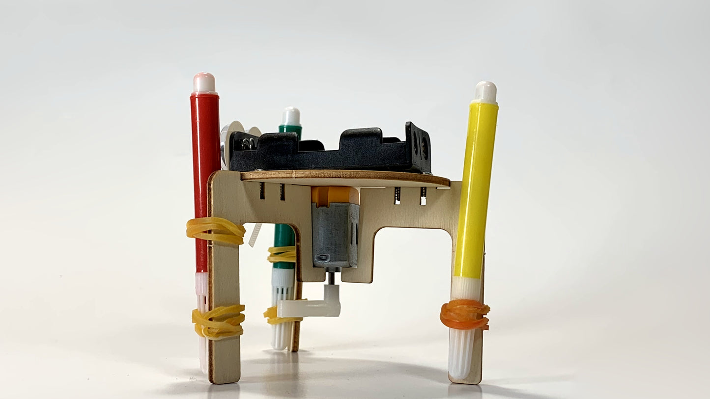 Rear View of Graffiti Robot STEM Kit – Motorized Drawing Robot with Red, Green, and Yellow Marker Legs