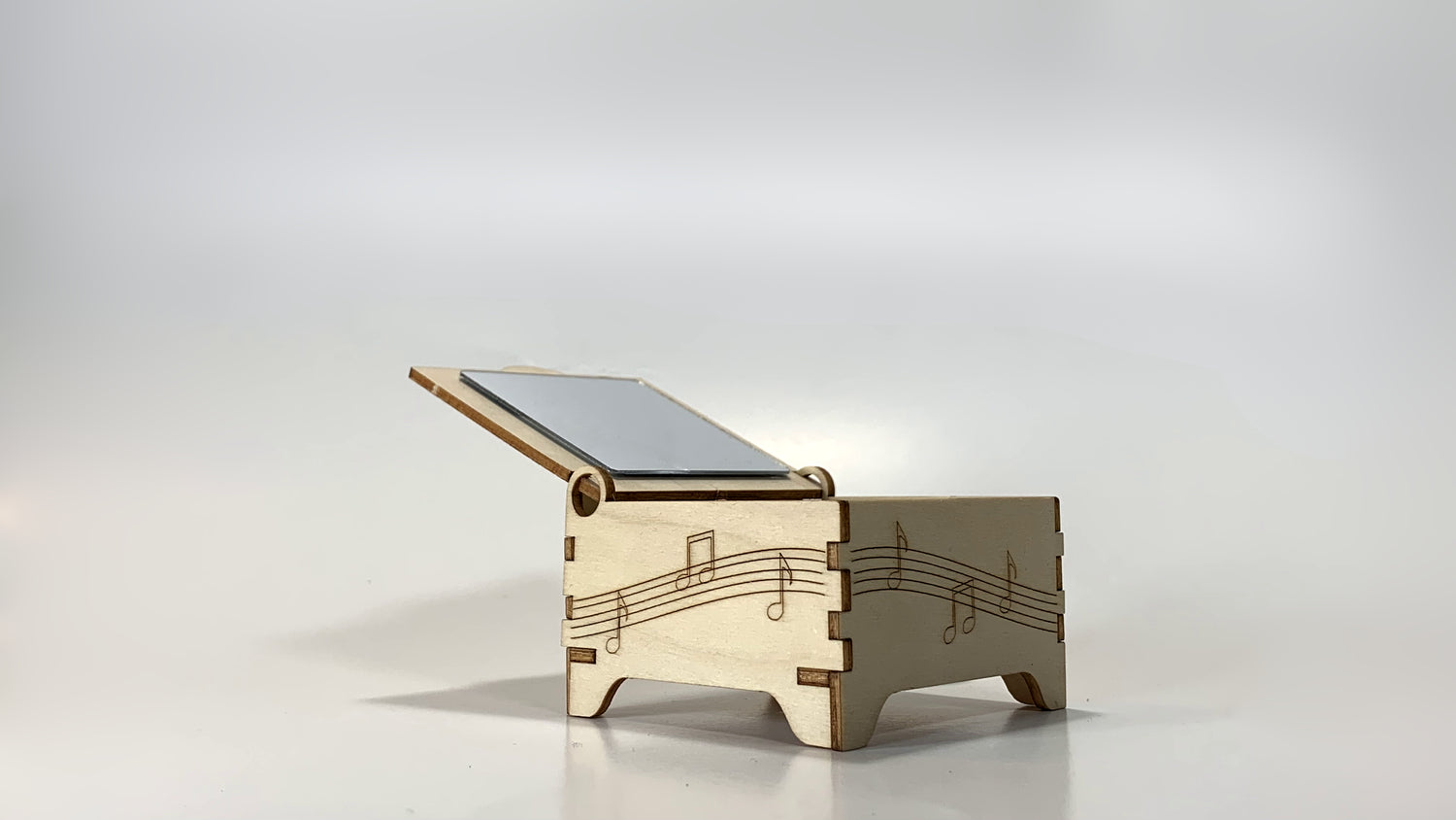 Hand Crank Music Box STEM Kit – Wooden Music Box with Musical Notes Design and Reflective Lid, Side Angled View