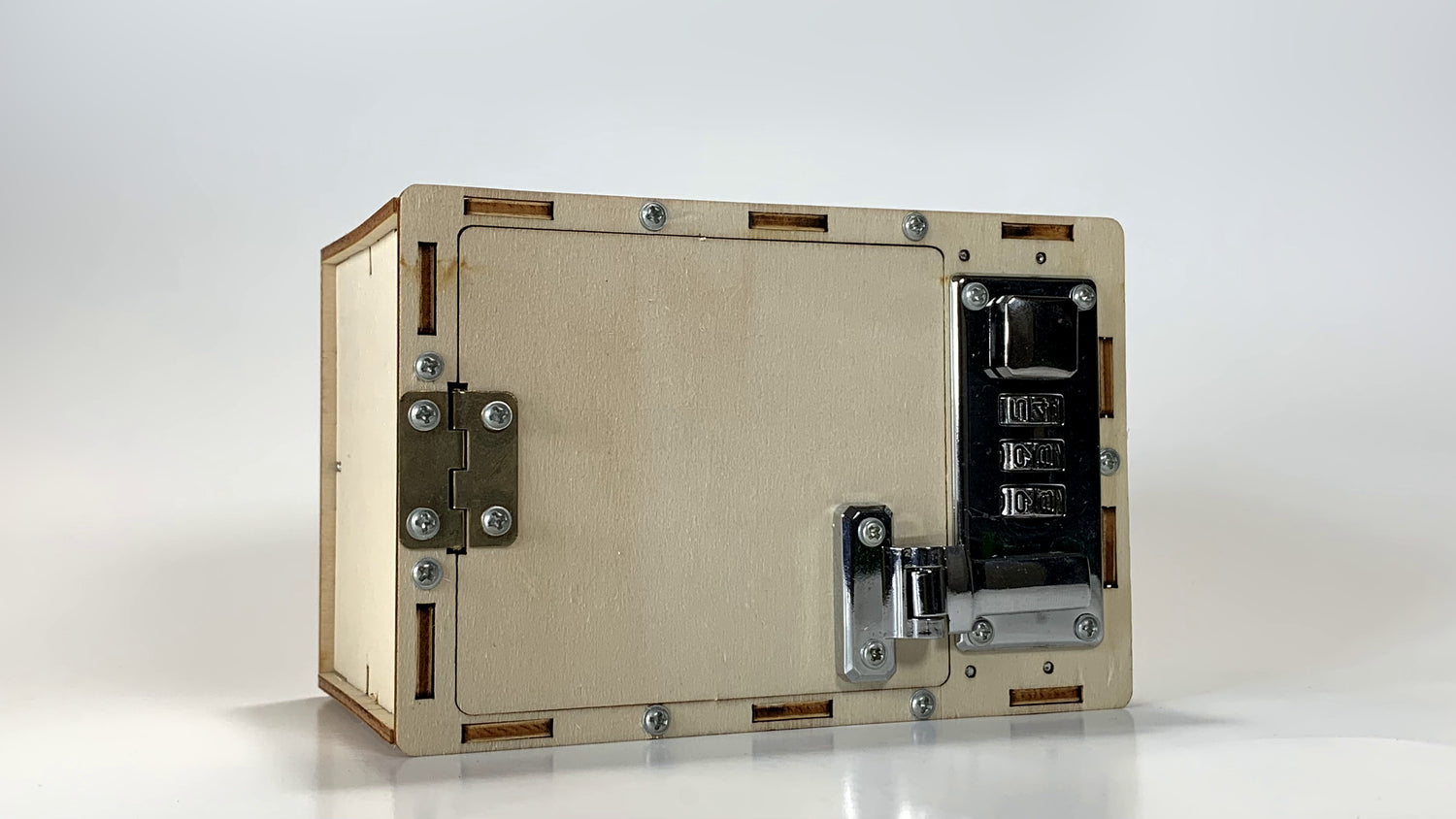 Front angled view of the Password Lockbox STEM Kit showcasing the wooden design, sturdy hinge, and combination lock mechanism