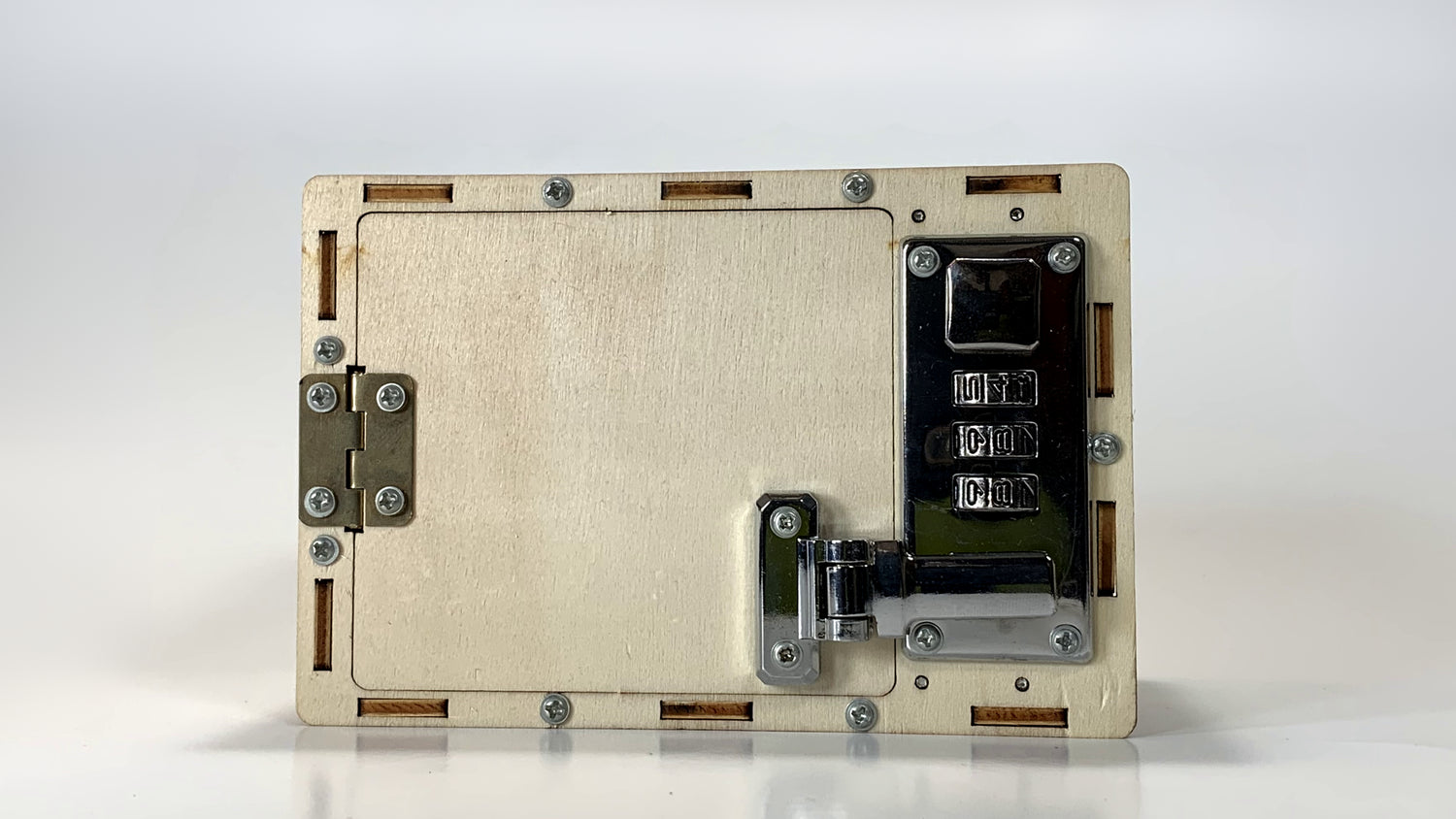 Front view of the Password Lockbox STEM Kit highlighting the wooden design, secure metal combination lock, and sturdy hinge