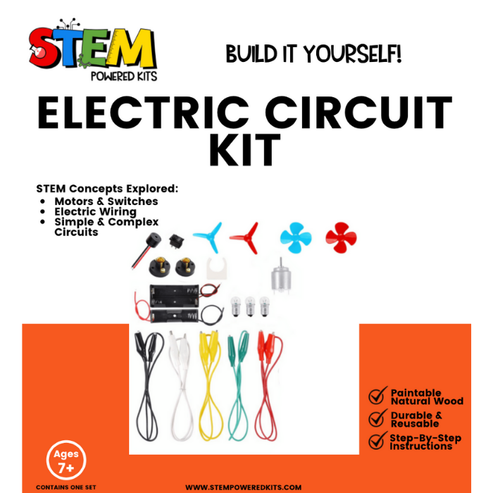 Flyer for the Electric Circuit Kit, highlighting STEM concepts like motors, switches, and complex circuits, with colorful wiring and eco-friendly materials.