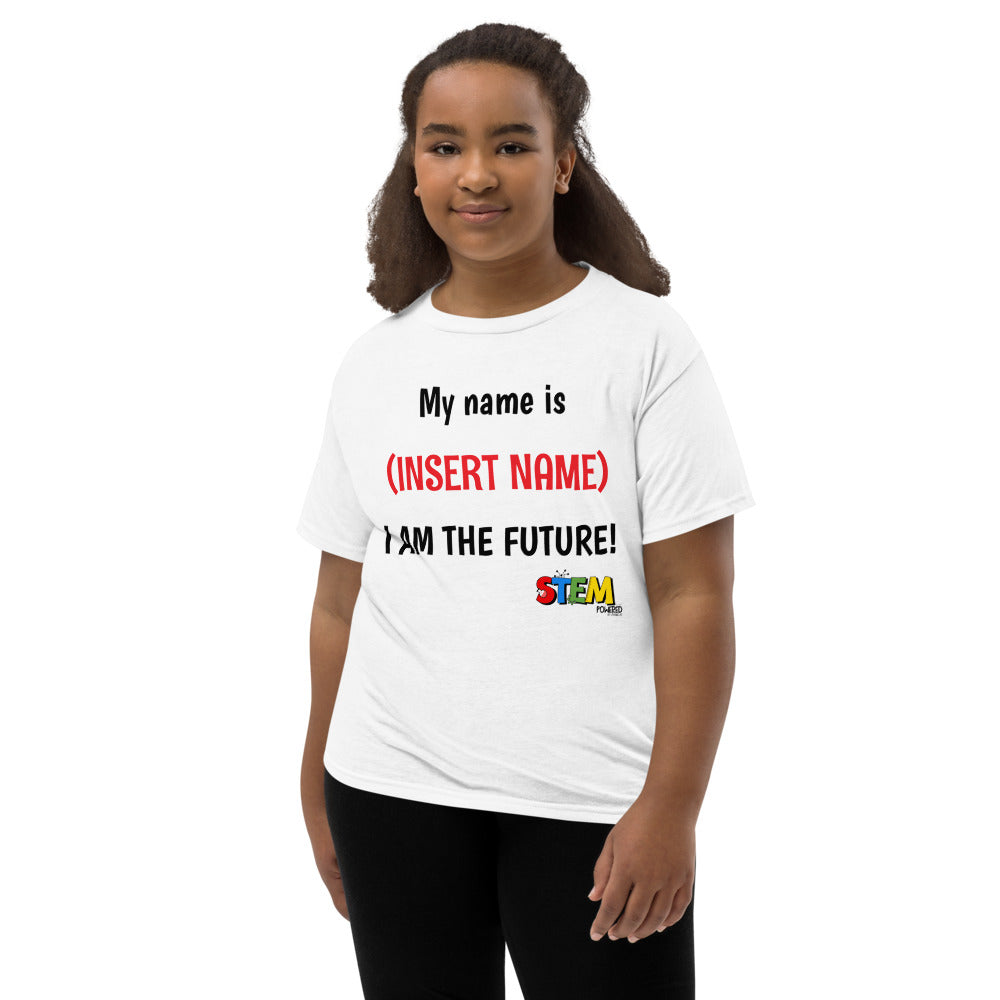 Young girl modeling a STEM Powered Kits T-shirt with the customizable text 'My Name is (Insert Name) I Am the Future!' emphasizing STEM empowerment and creativity.